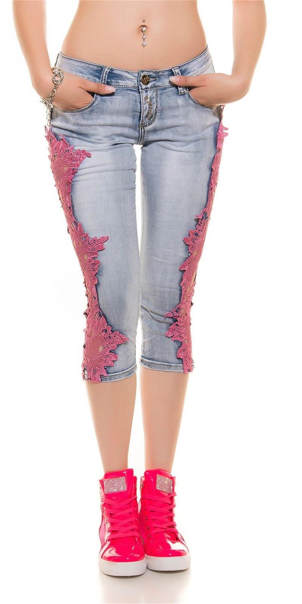 SZ60124-3 Women Patchwork Lace Floral Jeans Hollow Out Casual Denim Pencil Pants